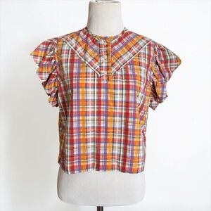 Vintage Plaid Jewel Tone Ruffle Sleeve Crop Top